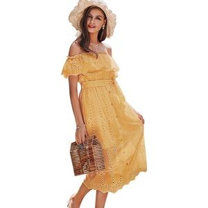 💛🌻Women's Boho White Beach Dress Embroidery Off Shoulder Ruffle Dress Size: L